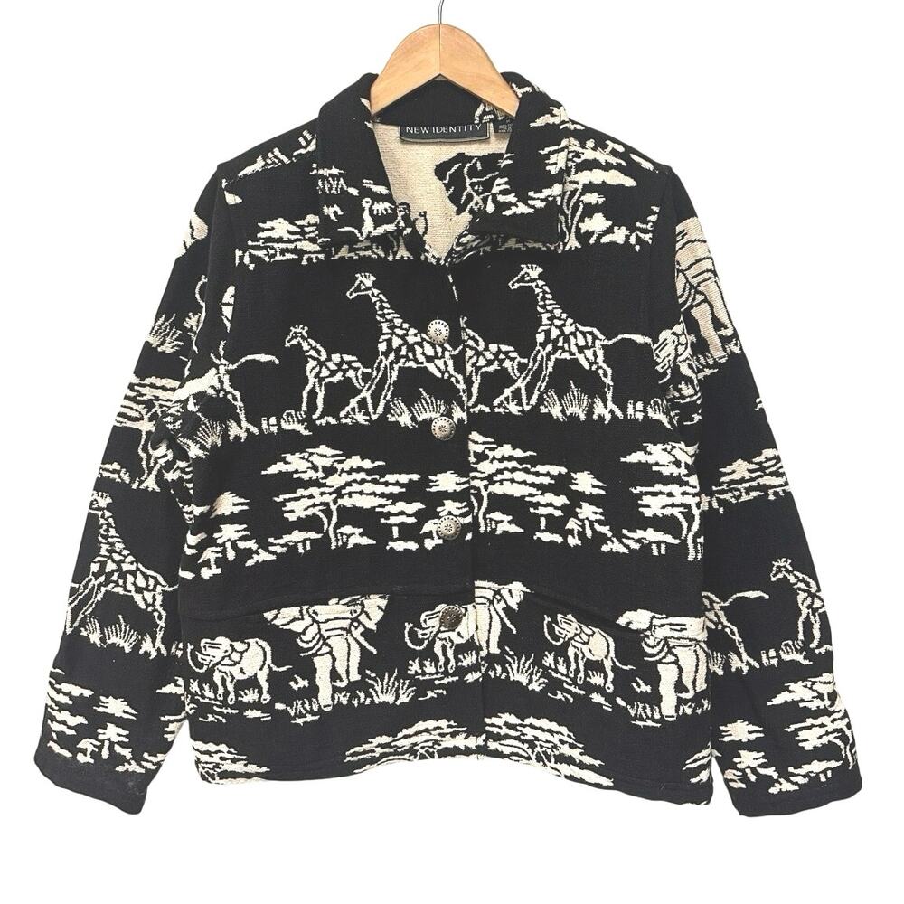 Vintage New Identity M Black Cream Woven Tapestry Jacket Button Artwear 90s